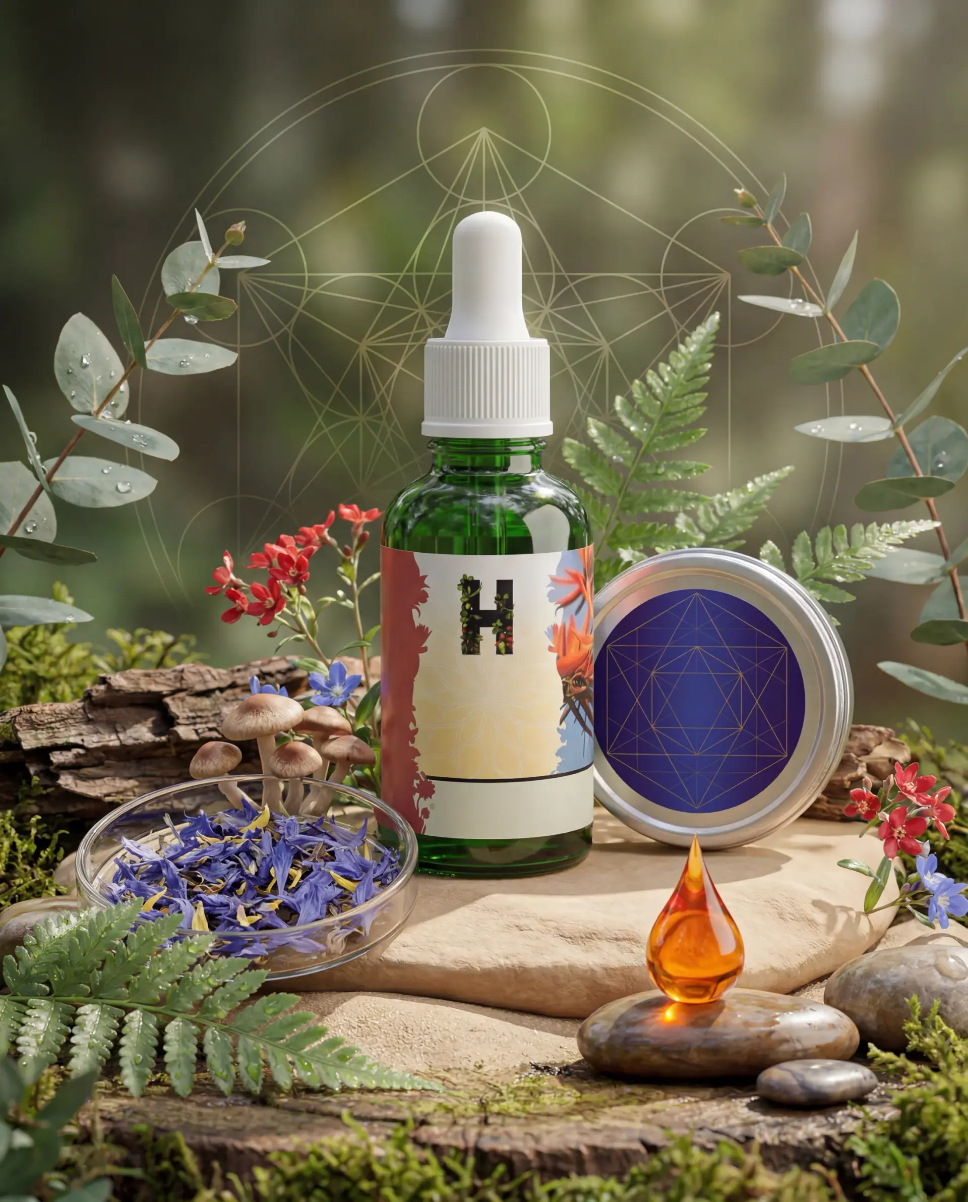 Essential-oil dropper bottle among botanicals, blossoms and stones