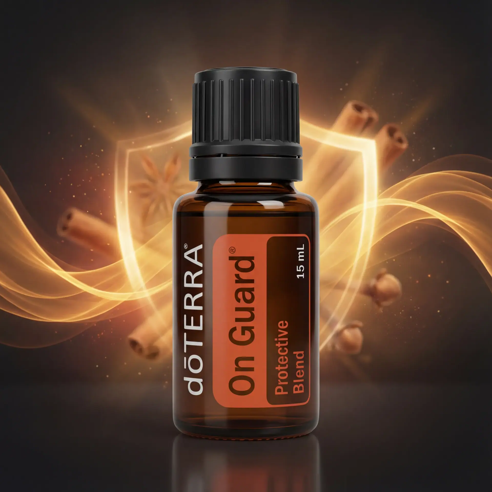 Essintial Oils: an amber oil bottle wrapped in glowing light trails, cinnamon and clove.