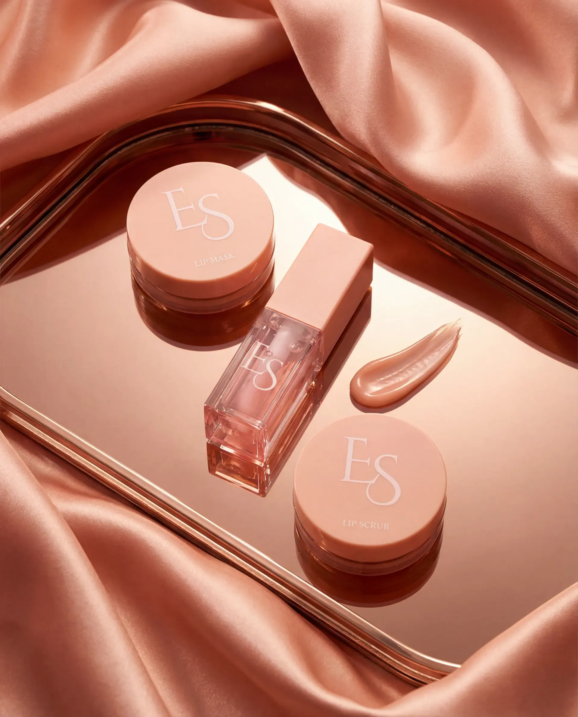 exoskin lip gloss and balm jars on a rose-gold mirror tray in folds of satin.
