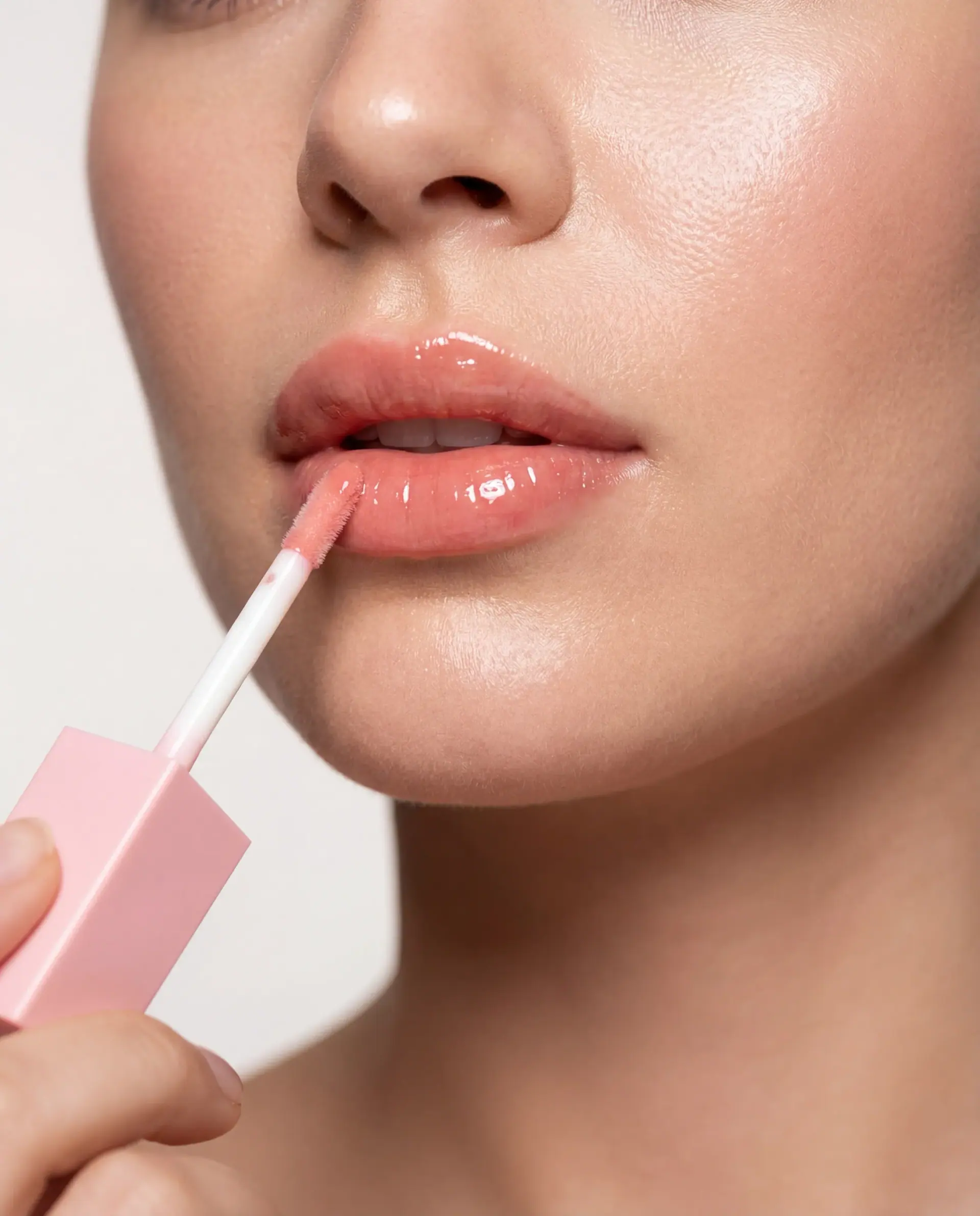 Close-up of a model applying exoskin pink lip gloss