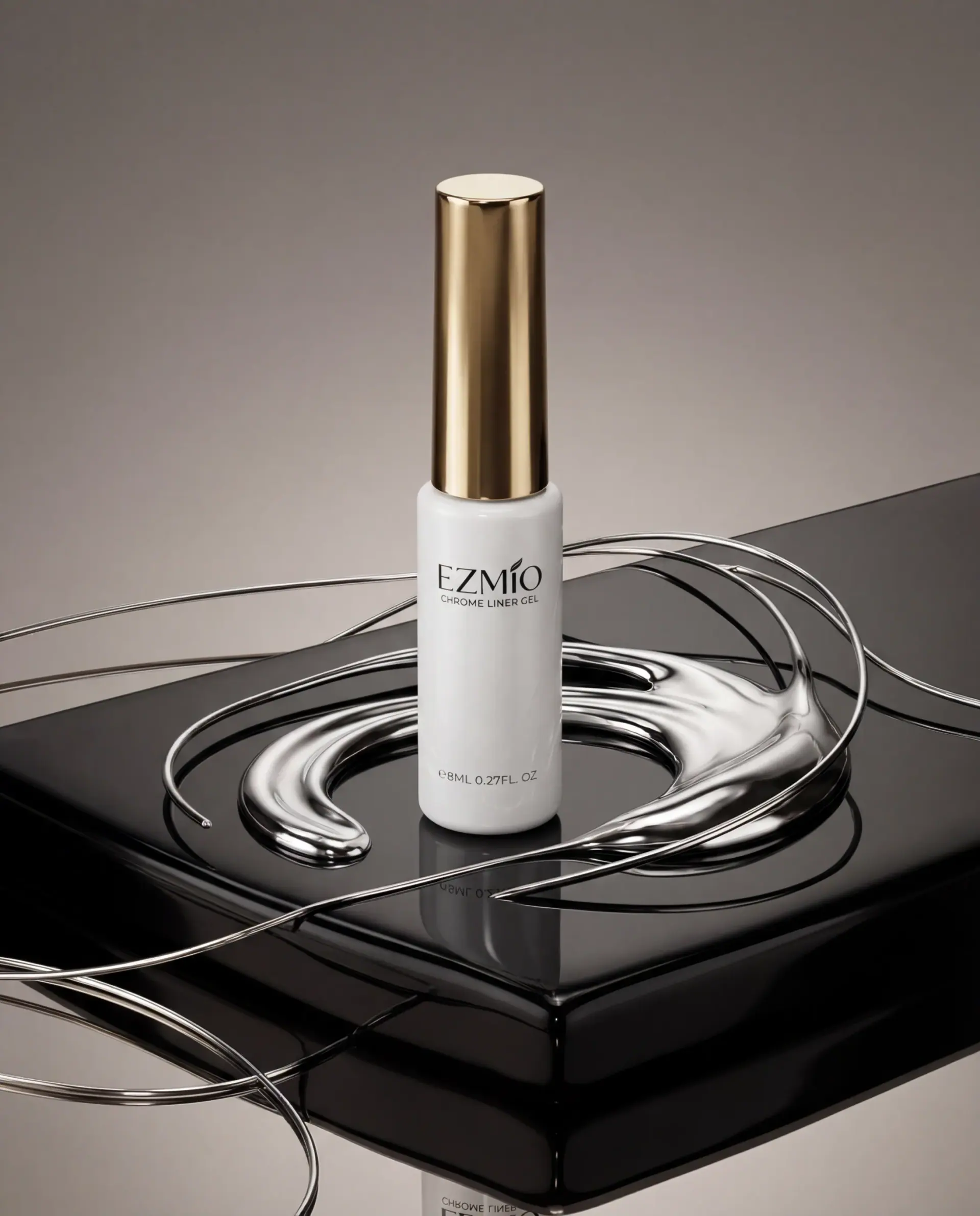 Ezmio serum bottle on black glass, wrapped in ribbons of liquid chrome.