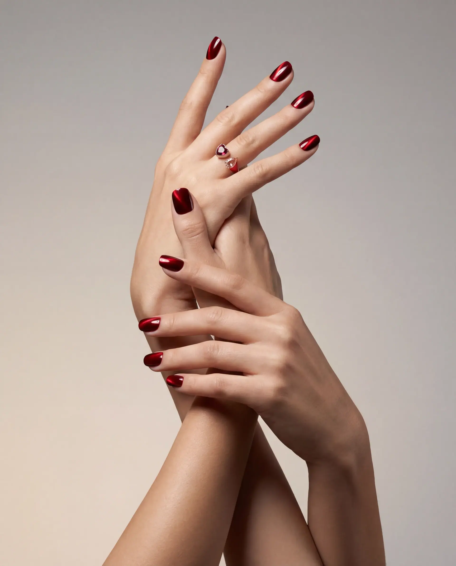 Ezmio: two hands with a deep red manicure against soft grey.