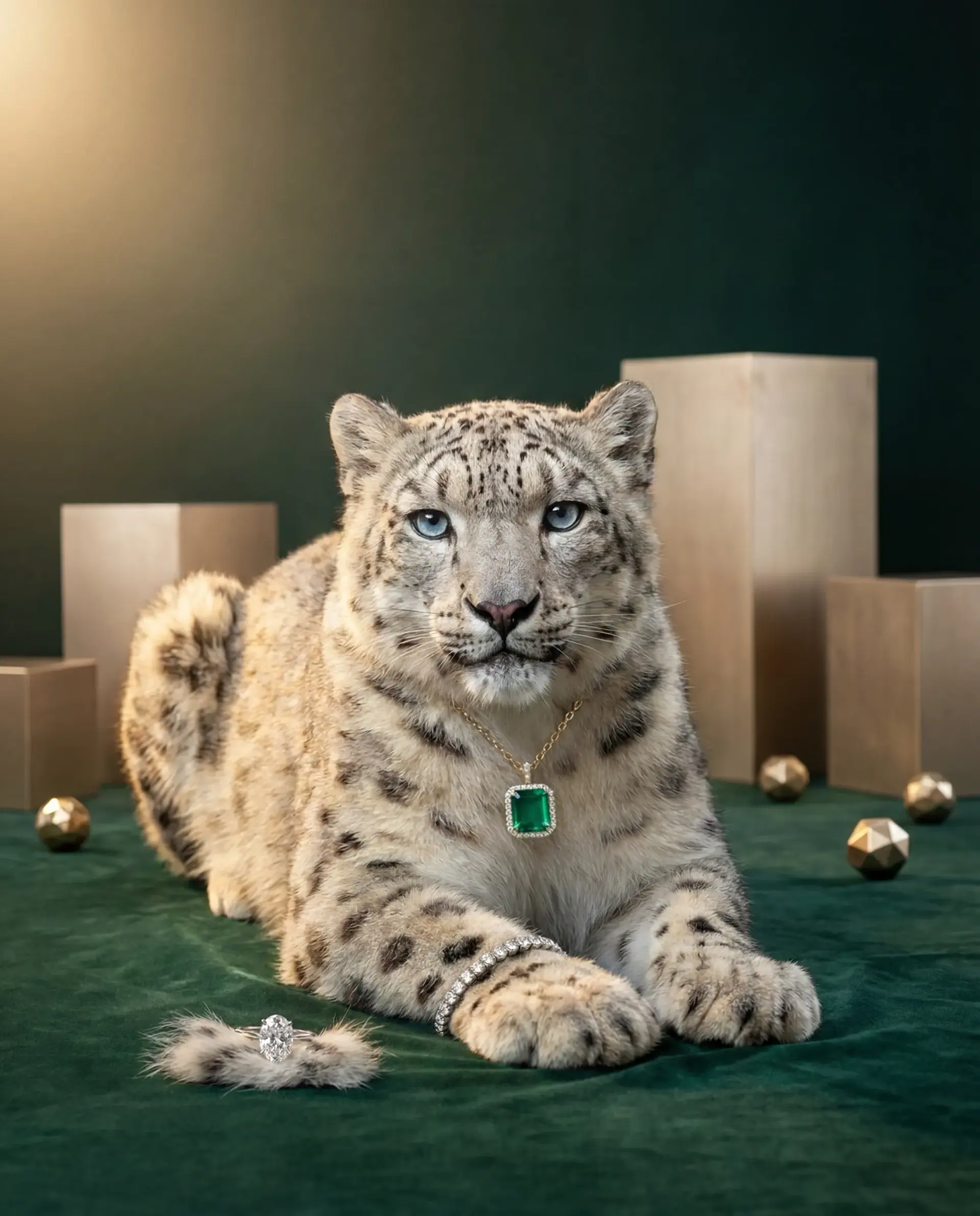 Snow leopard wearing an emerald pendant and a tennis bracelet on green velvet