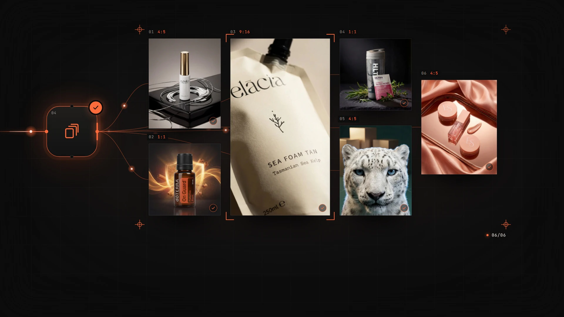 A campaign board of finished frames in 9:16, 4:5 and 1:1, from real I&D Studio projects such as Elacia, Leo Jewelries and Hlth+.