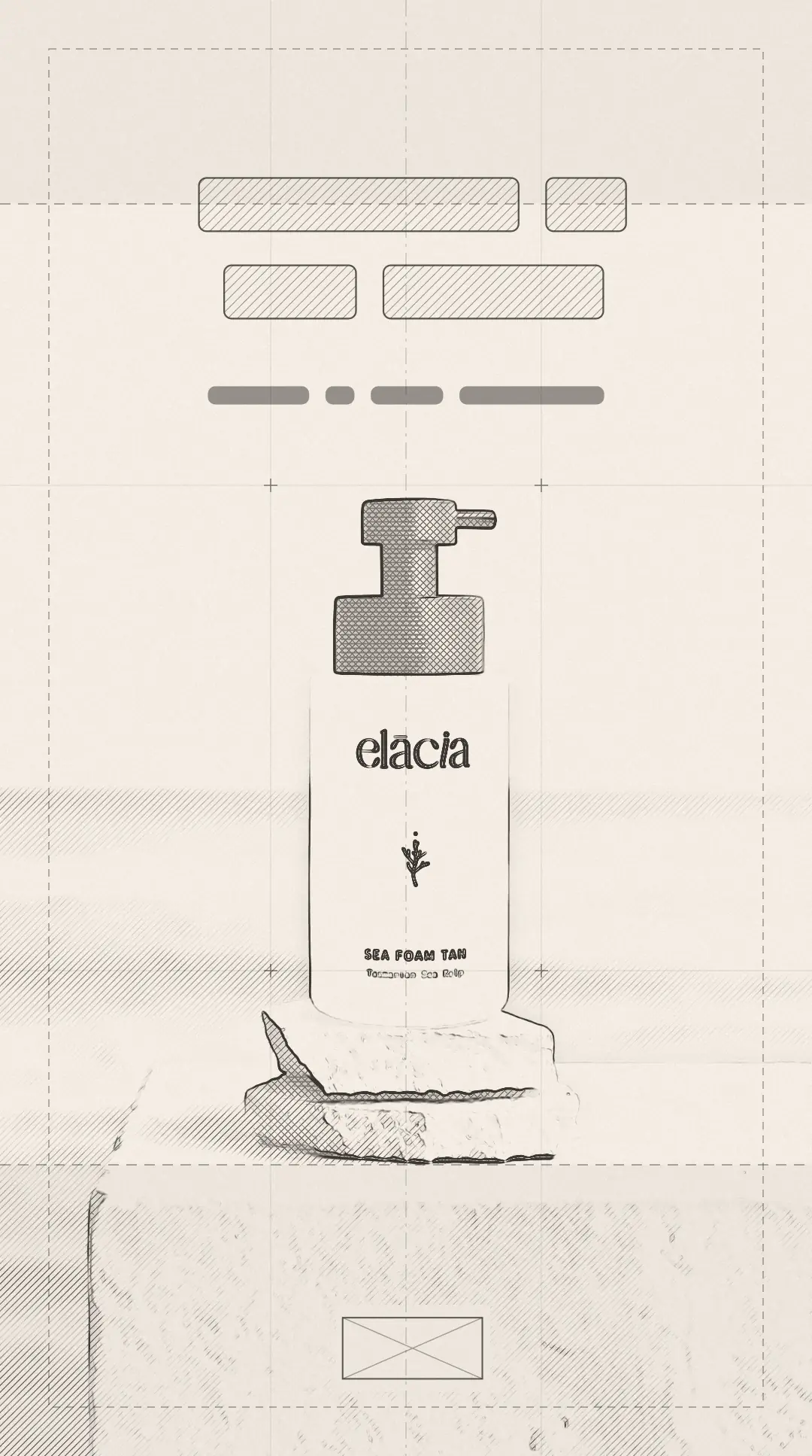 Concept frame of the same ad: pencil sketch of the bottle and plinth, headline blocks and layout guides on paper.